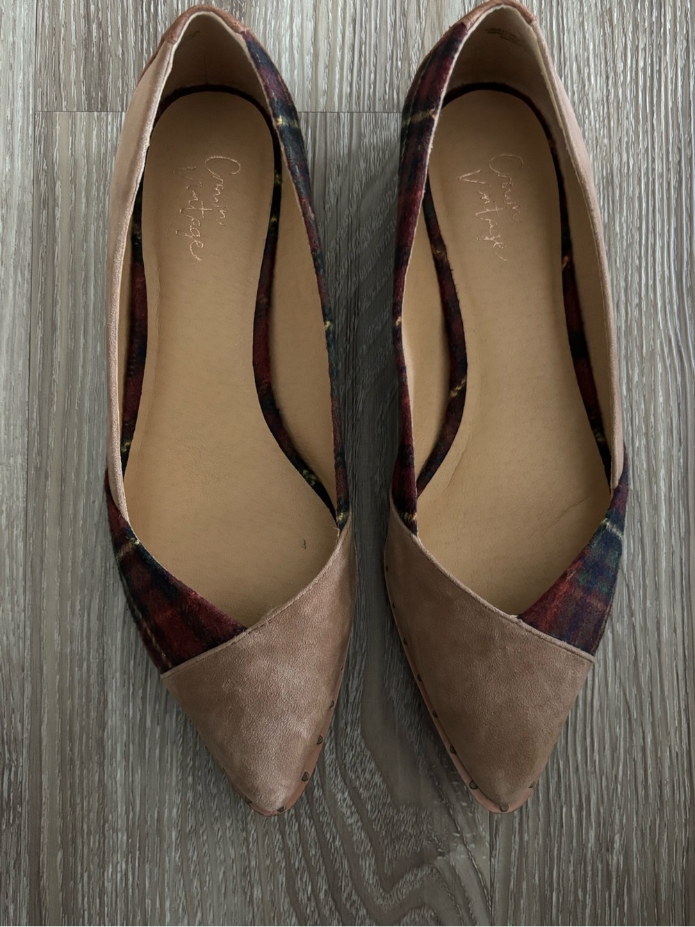 Crown Vintage Tan Leather-Trim Plaid Pointed Flats